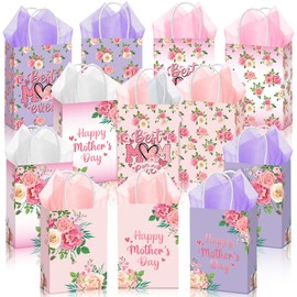 Dispowreath 24 Pcs Mother's Day Party Favor Bags Pink Flower Gift Bag Happy Mother's Day Goodie Bags Best Mom Ever Paper Bag with Handle for Gift Exchange Party Decor (Elegant)