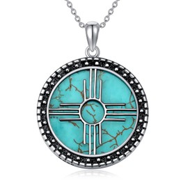 BETHZA Turquoise Zia Sun Symbol Necklace 925 Sterling Silver Genuine Turquoise Gemstone Zia Pendant Vintage New Mexico Jewelry Gifts for Women