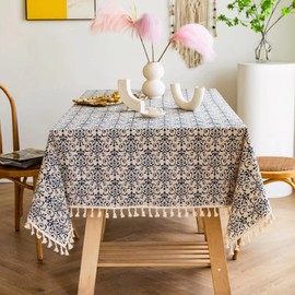 YUURAIN VUVU Blue and White Porcelain Pattern Cotton Linen Fabric, Stitching Tassel Rectangle Tablecloth for Kitchen | Dining | Tabletop | Decoration | Tea Party | Weddings | Farmhouse (55x86 Inches)