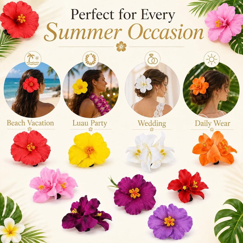 10 Pcs Hawaiian Flower Hair Clips for Women, Artificial Hibiscus