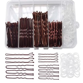 300pcs Bobby Pins Kit, Brown 100 Hair Pins for Women, 100 U Shaped Hair Pins for Buns, 100 Hair Bands with Box, hair bun pins, strong hair grips for women, 2inch, 2.36inch, 2.75inch
