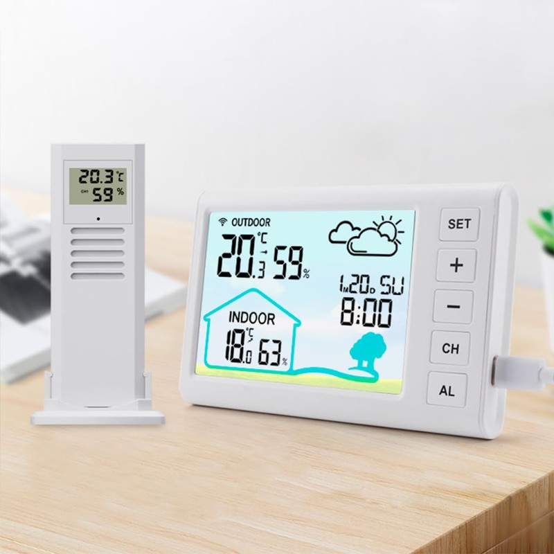 SUIOPPYUW Weather Stations Indoor Outdoor Thermometer Wireless Calendar/Week ABS Temperature