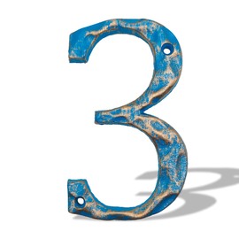 5.5 Inch House Numbers- Unique Cast Iron Metal Address/Mailbox Number for Outside or Front Door, Handmade Gold & Blue Finish (Number 3)