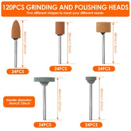 120 PCS Grinding Wheel Head, 5 Shapes Sanding Bits for Rotary Tool Accessories, 3mm Shank Drill Sanding Attachment for Metal, Glass, Stone, Jewelry Polishing, Grinding and Deburring