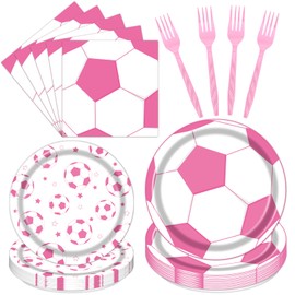 Rakuto Pink Soccer Plates and Napkins Set for Girls, 96PCS Disposable Birthday Party Paper Tableware Decorations, Soccer Theme Baby Shower Party Supplies, Serve 24