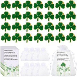 Inbagi 225 Pcs Clover Lapel Pins Shamrock Pins Brooches Good Luck Three Leaf Pins with Blessing Cards and Organza Gift Bags Wedding Gifts Birthday Gifts Student Teacher Back to School Gifts