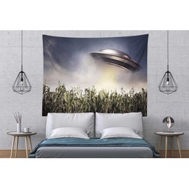 CORFOTO 106Wx70H Space Tapestry Wall Hanging Corn Fields UFO Galaxy Universe Spaceship Wall Tapestry for Bedroom Aesthetic Men Guys Boys College Dorm Decor Wall Art Wallpaper Fabric