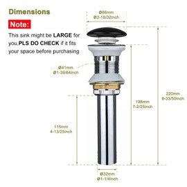 bathivy Vessel Sink Drain with Overflow, Pop up Drain Stopper for Bathroom Sink, Matte Black Sink Drain Strainer for Vessel Sink Lavatory Vanity, Bathroom Sink Drain Assembly with Ceramic Cap