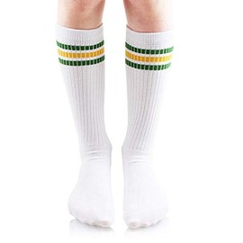 juDanzy Baby, Toddler and Kids Knee High Tube Socks for Boys and Girls with Grips (1 Pair) (10-15 Years, White with Green/Yellow Stripes)