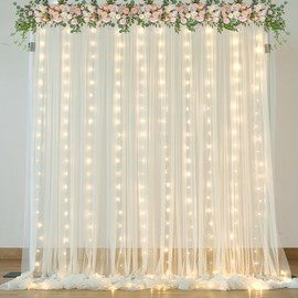Ivory Tulle Backdrop Curtains with Lights String for Parites Wedding 10×10ft Sheer Backdrop Curtains for Baby Shower Birthday Party Bridal Shower Christmas Photo Shoot Background Decorations