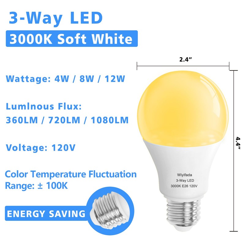 Wiyifada 3 Way LED Light Bulbs 2 Pack, 3 Way
