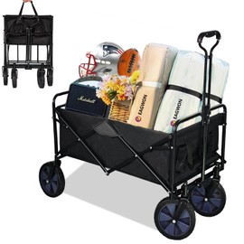 Eagwon Collapsible Wagon Cart, Heavy Duty Folding Wagon with Telescopic Handle, Double Cloth Pockets, Portable Utility Garden Cart with All-Terrain Wheels for Shopping, Sports, Camping, Black