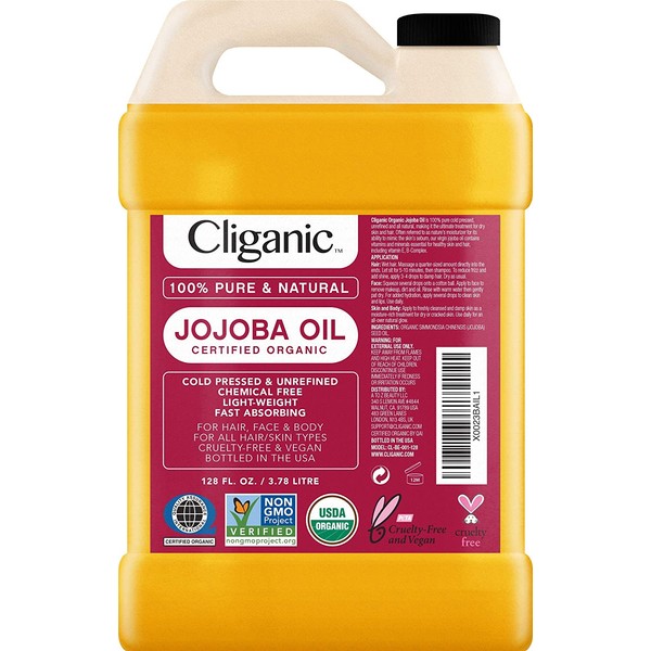 Cliganic Organic Jojoba Oil Bulk, Gallon Size 128oz, 100% Pure - Non-GMO