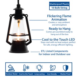 Festive Living 10 Light LED Flicker Flame Plastic Oil Lamp String Set, 20ft Black Wire – Indoor/Outdoor Vintage Flame Effect