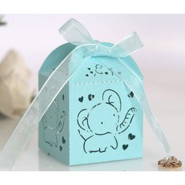 50pcs Hollow Out Elephant Pattern Candy Boxes Gift Bags Baby Shower Wedding Favors (Baby Blue)
