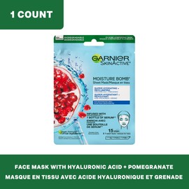Garnier Beauty Face Mask, Replumping Skin Care for Dehydrated Skin, Hyaluronic Acid + Pomegranate, 1 Tissue Mask (32mL)