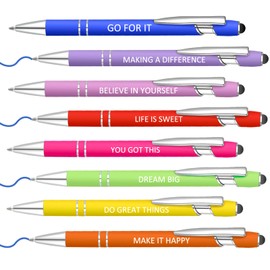 Lragvtbk 8 Pcs Blue Ink Inspirational Pens for Women Quotes Pen Metal Ballpoint Pen with Stylus tips for Office Gift (Multicolor)