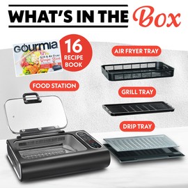 Gourmia Smokeless Indoor Grill & Air Fryer with Recipe Book – Electric Grill for Indoor Use, 5‑in‑1 Countertop Cooker, Cast-Iron Grate, 1650W, Glass Lid, Dishwasher-Safe Plates