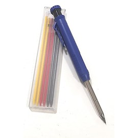 JEYEFFE Carpenter's Pencil with 7 Refills and Integrated Sharpener - Precision Tool for Marking Deep Holes on Wood and Hard Surfaces - Ideal for Carpenters and Masons (Blue)