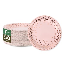 CENLBJ Pink & Rose Gold Dots Party Paper Plates, 50 PCS Disposable Party Supplies Dessert Paper Plates for Birthday Wedding Bridal Shower Supplies (7 inches)