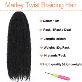 Mscat Marley Twist Braiding Hair 30 Inch Marley Twist Hair Long Twist Hair 8 Packs Afro Kinky Curly Twist Crochet Hair Synthetic Marley Hair Extensions (30 Inch 8packs, 1B)