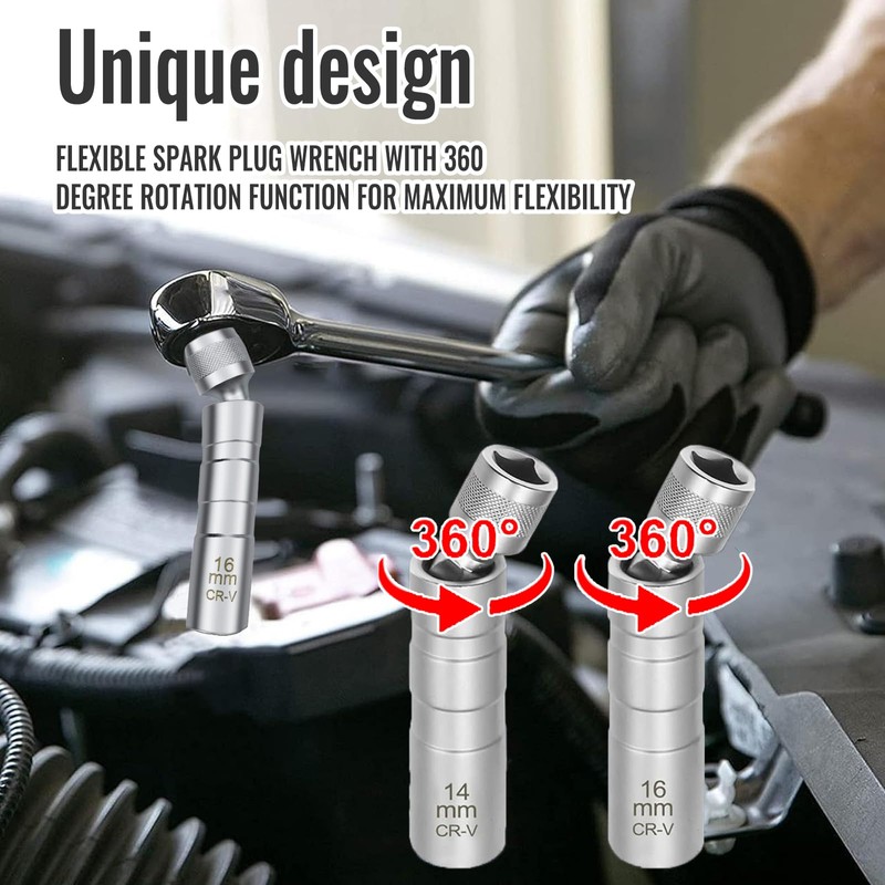 Spark Plug Wrench 14 mm/16 mm, Magnetic Universal Flexible Spark