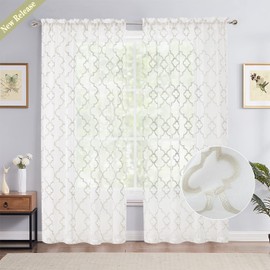 Moroccan Curtains 63 Inch Length for Kids Bedroom Ivory Beige Geo Latteice Embroidered on White Linen Textured Sheer Curtains Privacy & Light Filtering Embroidery Drapes, Rod Pocket, 52" w 2 Panels