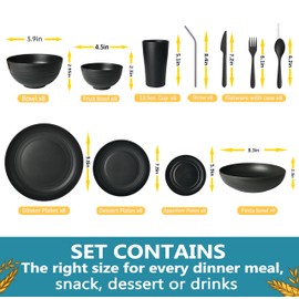 Teivio 88-Piece With Flatware Kitchen Plastic Wheat Straw Dinnerware Set for 8, Dinner/Dessert/Appetizer Plates, Cereal Fruit Bowls, Pasta Bowls, Cups, Unbreakable Dishwasher Safe Outdoor Dish, Black