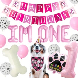 Dog First Birthday Party Supplies Dog Puppy 1st Birthday Banner Balloons Hat with Number Bandana Woof Balloons for Pets Decorations