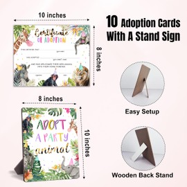 Pet Adoption Certificates, Adopt A Pet Certificate for Kids, Jungle Themed Adoption Decorations Card, Safari Animals Party Favors Supplies, 10 Cards with A Stand Adoption Sign, 04