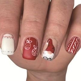 Christmas Press on Nails Short Square OFDNE Red & White Fake Nails False Nails with Designs Gnome Santa Full Cover Matte Glue on Nails Acrylic Nails for Women Girls 24 Pcs