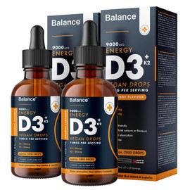 Vitamin D3 + K2 Liquid Drops - Vegan - High Strength 2000iu D3 + 25mcg K2-2 Month Supply - 120 Servings - 9,000mcg 60ml Dropper Bottle - Sublingual Fast Absorption - Made in UK by Balance (2X Pack)