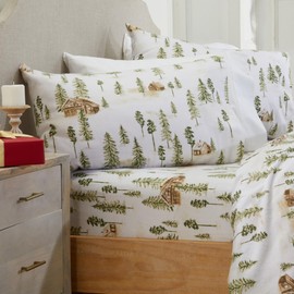Market & Place 100% Cotton Full Flannel Sheet Set | 4 Piece Deep Pocket Novelty Cozy Winter Bed Sheets | Double Brushed for Extra Softness & Comfort | Alpine Collection (Full, Watercolor Forest)