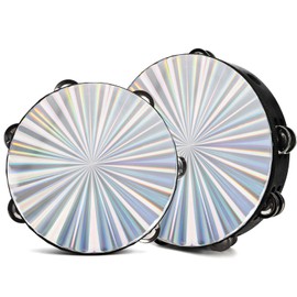 YOUEON 2 Pack Radiant Tambourine with Double Row Jingles, 8/10 Inch Wood Handbell Music Reflective Drum, Hand Drum Percussion Instrument for Church, Tambourine for Dance, Party, KTV