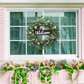 Summer Wreaths for Front Door, 20 inch Green Eucalyptus Wreaths with White Berries and Welcome Sign, Greenery Wreath for Window Porch Indoor Outdoor Farmhouse Home Decor