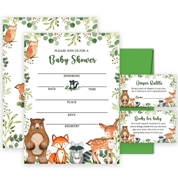 Yuzioey 50 Woodland Baby Shower Invitations, Forest Woodland Greenery Invitations Macthing Envelpoes, Diaper Raffle Tickets, Book Request Cards, Forest Creatures Invitations