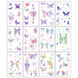 Oottati 12 Sheets Glitter Cute Temporary Tattoos Rainbow Butterfly Heart Music Dandelion Star Suit for Kids Adults