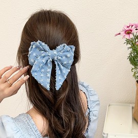 Blue Denim Hair Clip Pin Bow Girls Blue Jeans HairClip Girls Large Bows HairPin BW01 (F1-Light Blue)