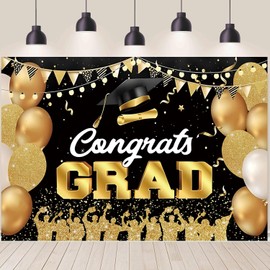 Graduation Backdrop 10x8ft Black and Gold Congrats Grad Photo Background Large Class of 2025 Congratulations Graduate Banner Decorations for School Prom Party Photoshoot Photo Booth Props