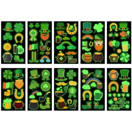Blindery 10PCS Temporary Tattoos St Patrick's Day Tattoo Irish Sticker Luminous Clover Glow Tattoo Shamrock Stickers Clover Luminous Tattoo Stickers for Holiday Party