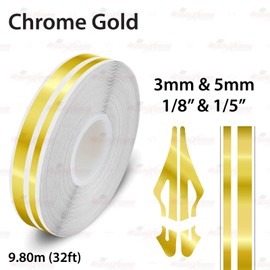 CHROME GOLD, 1/8" & 1/5" | 3mm & 5mm, Self-Adhesive Vinyl Pin Stripe Line Decal Sticker Tape, Length 32ft | 9.80m, Suitable for Cars, Vans, Motorcycles, Bikes, Models, Tuning & Styling, and much more