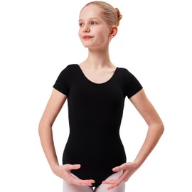 Tanzmuster "Sally" Children’s Beautiful Ballet Leotard with Short Sleeves and Round Neckline / Little Ballerina’s Basic Outfit in Pink, White, Light Blue, Black, Pink and Purple, 116/122