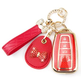 Rayslesan Key Fob Cover with Leather Holder Compatible with Airtag/RFID,Compatible with Toyota Highlander RAV4 Camry Avalon Corolla C-HR Prius,RFID Protector,Car Key Accessories(4-Button, Gold Red)