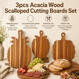 3-Piece Acacia Wood Scalloped Cutting Board Set with Handles, Decorative Wooden Charcuterie Boards for Cheese, Pizza, Meat, Fruit and Bread, Cottagecore Kitchen Serving Decor
