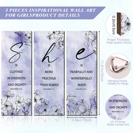 Qunclay 3 Pcs Pink Flower Inspirational Wall Decor Art Gift Wooden Motivational Hanging Christian Quotes Floral Decor for Christmas Women Girl Living Room(Purple,11.81 x 3.94 x 0.2 Inch)