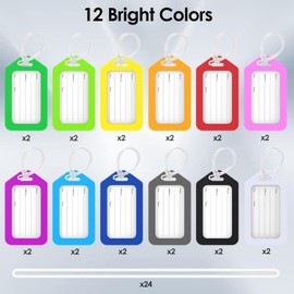 Luggage Tags (12 Pack) - Vibrant 12 Colour Assorted Bag Tags for Suitcases, Travel Bags & Backpacks - Includes 12pcs Clear Plastic Straps - Durable & Stylish Luggage Tags Bulk Set