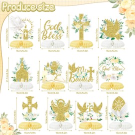 Tarklanda 12Pcs Baptism Honeycomb Centerpieces Party Decor,White God Eid Bless Cross Religious Baptism Table Centerpieces for Baby Shower First Communion Birthday Party Decorations (Gold god)