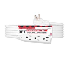 Iron Forge Cable 3 Ft Flat Plug Extension Cord 3 Outlets, Power Strip Low Profile Extension Cord 3ft with Multiple Outlets & 45° Angled Flat Plug, 16/3 White Indoor Extension Cord, SJT