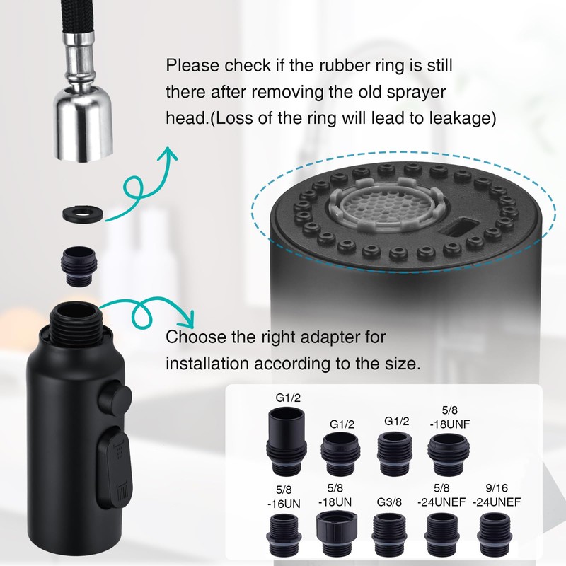 Metal Kitchen Faucet Head Replacement, 3-Function Pull Down Spray Head