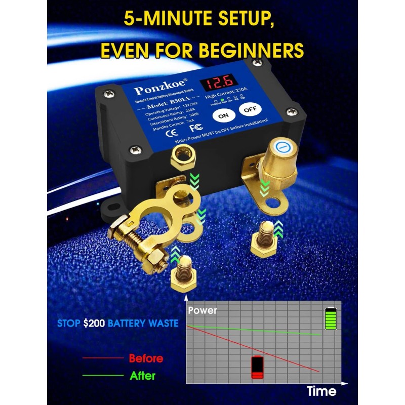 Ponzkoe 250A Smart Remote Kill Switch for Car - Battery